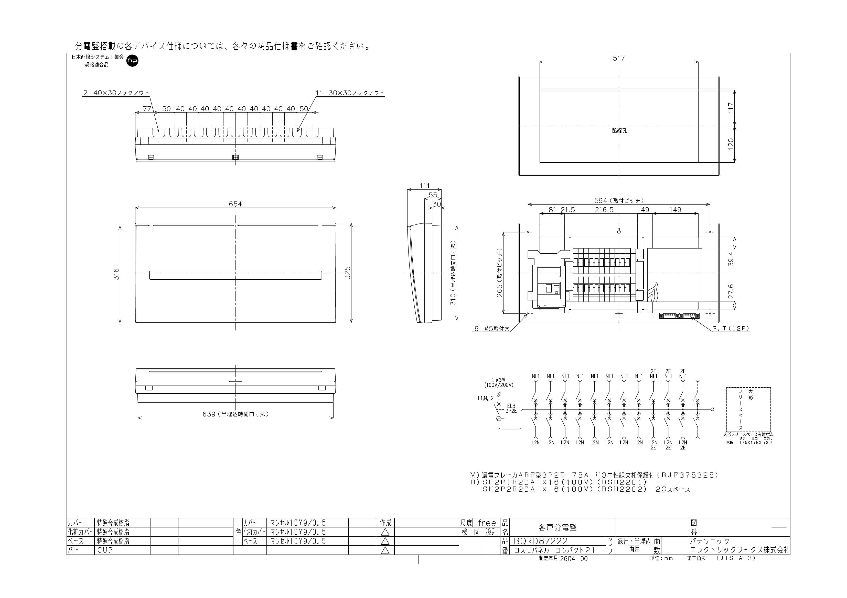 パナソニック  BQRD87222  コスモパネル スタンダード 住宅分電盤 75A 22+2