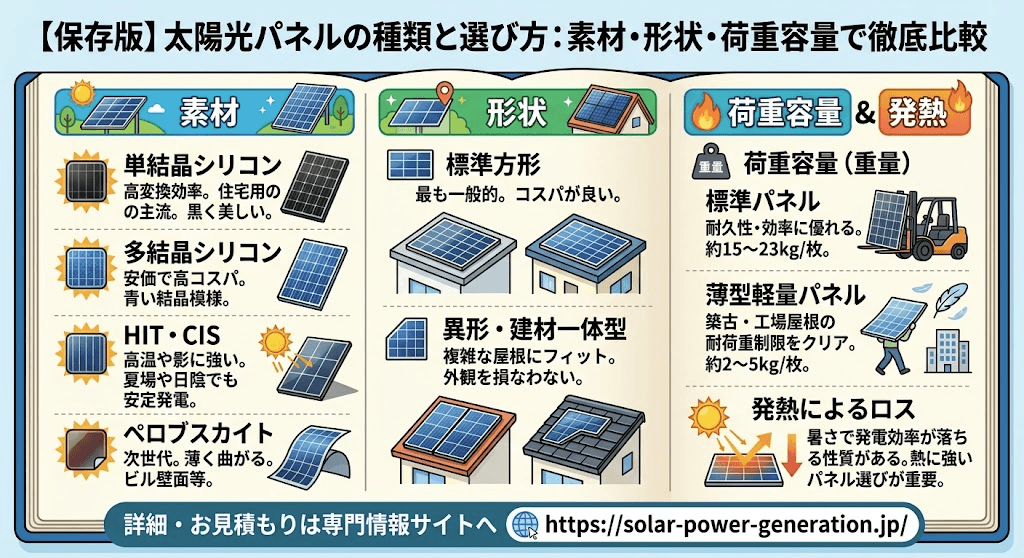 太陽光パネルの種類を徹底比較！素材・形状・設置場所の荷重容量（薄型 vs 標準）で選ぶ失敗しない活用術