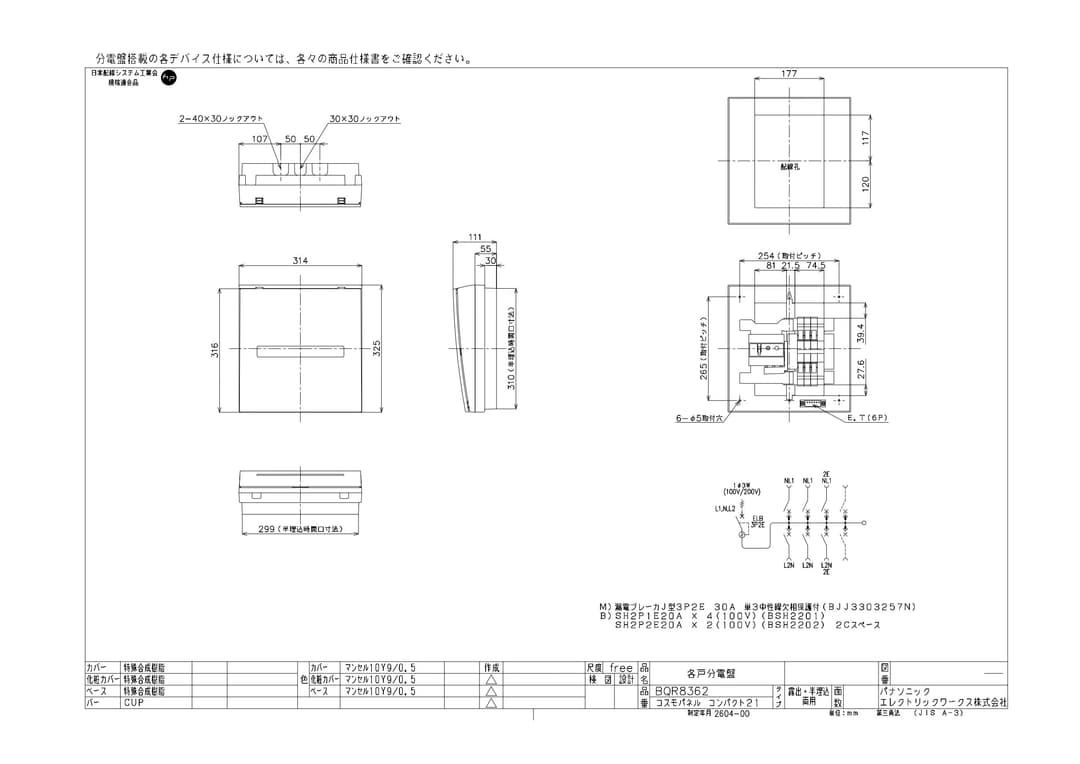 パナソニック BQR8362   コスモパネル スタンダード 住宅分電盤
