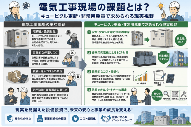電気工事現場の課題とは？　キュービクル更新・非常用発電で求められる現実視野