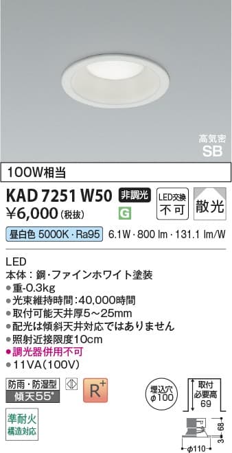 ダウンライト KAD7251W50   パネルダウンライト