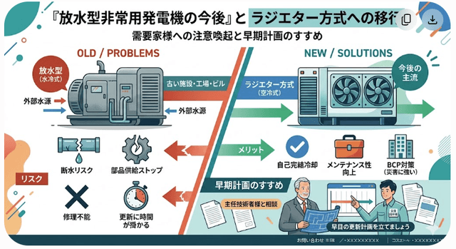 【重要】放水型非常用発電機をお使いの需要家様へ：部品供給停止リスクと「ラジエーター方式」への早期更新計画のすすめ
