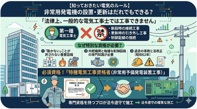 非常用発電機の設置・更新はだれでもできる？「特種電気工事資格者」が必要な理由
