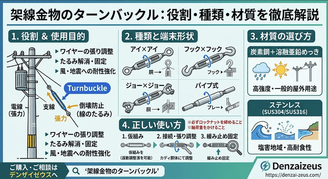 電気・通信工事を支える「架線金物のターンバックル」とは？役割・使い方・種類・材質を徹底解説
