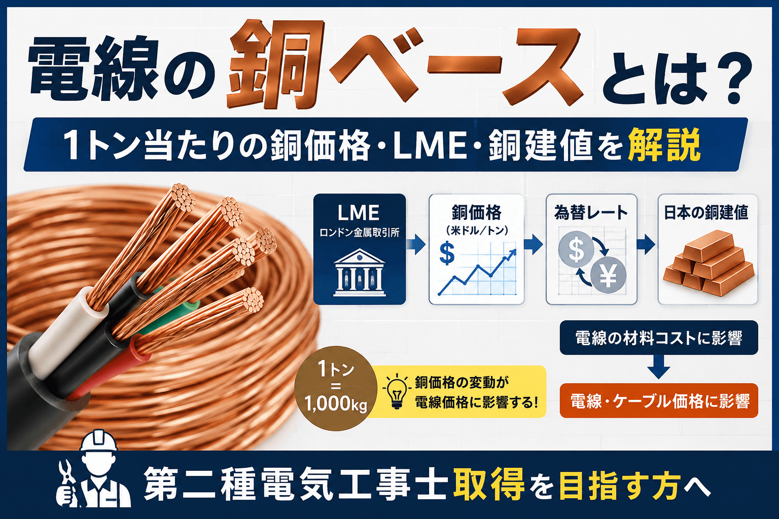 電線の「銅ベース」とは？1トン当たりの銅価格・LME・銅建値を第二種電気工事士向けに解説