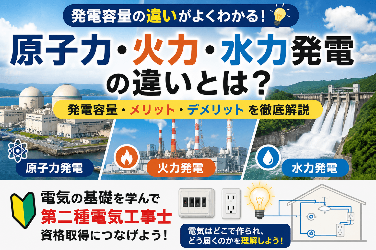 原子力・火力・水力発電の違いとは？発電容量とメリット・デメリットを解説｜第二種電気工事士資格取得につなげよう