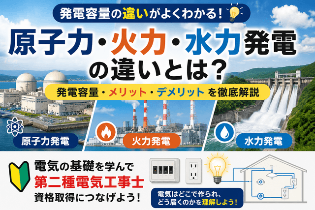 原子力・火力・水力発電の違いとは？発電容量とメリット・デメリットを解説｜第二種電気工事士資格取得につなげよう