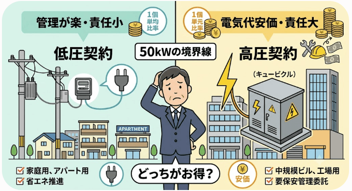 電気の「高圧契約」と「低圧契約」の分かれ道。50kWの境界線で迷ったときの損をしない判断基準