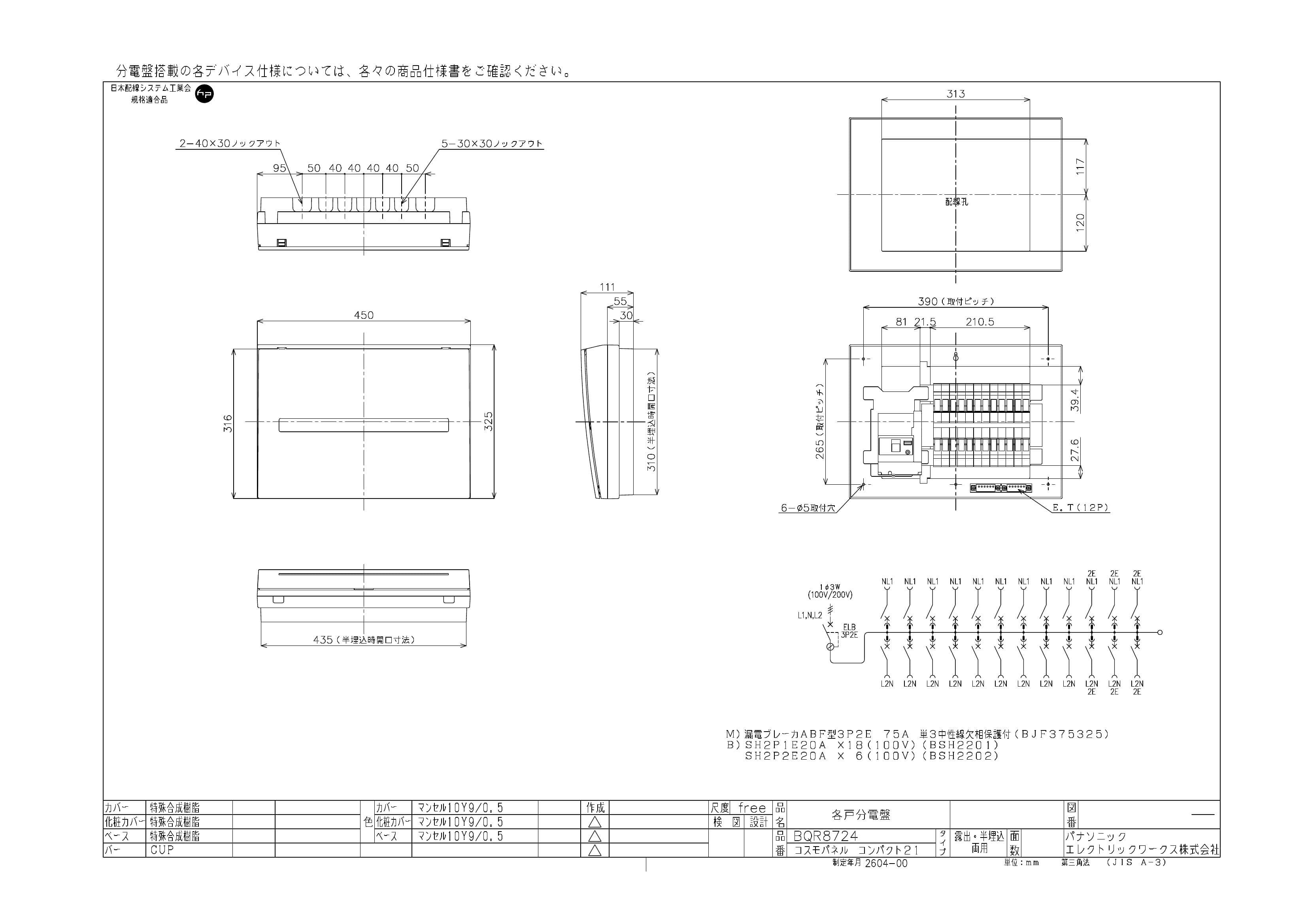 パナソニック  BQR8724  コスモパネル スタンダード 住宅分電盤 75A 24+0