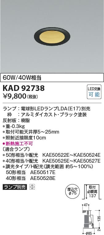 KAD92738   M形ベースダウンライトE17クリプトン球形