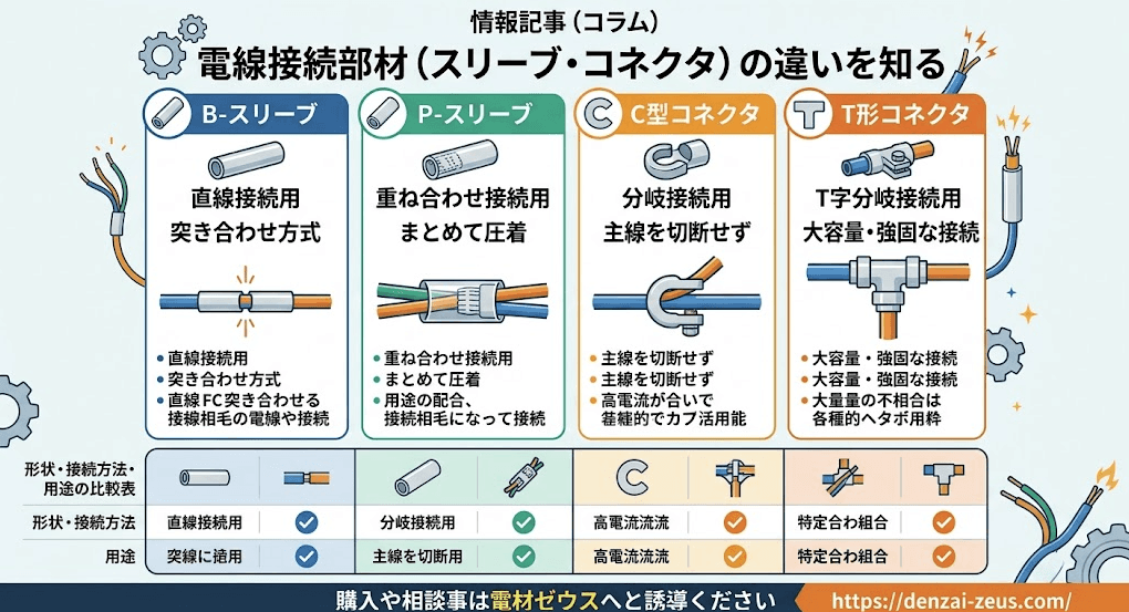 「Bスリーブ」「Pスリーブ」「C形コネクタ」「T形コネクタ」の違い！