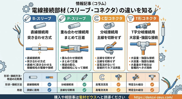 「Bスリーブ」「Pスリーブ」「C形コネクタ」「T形コネクタ」の違い！