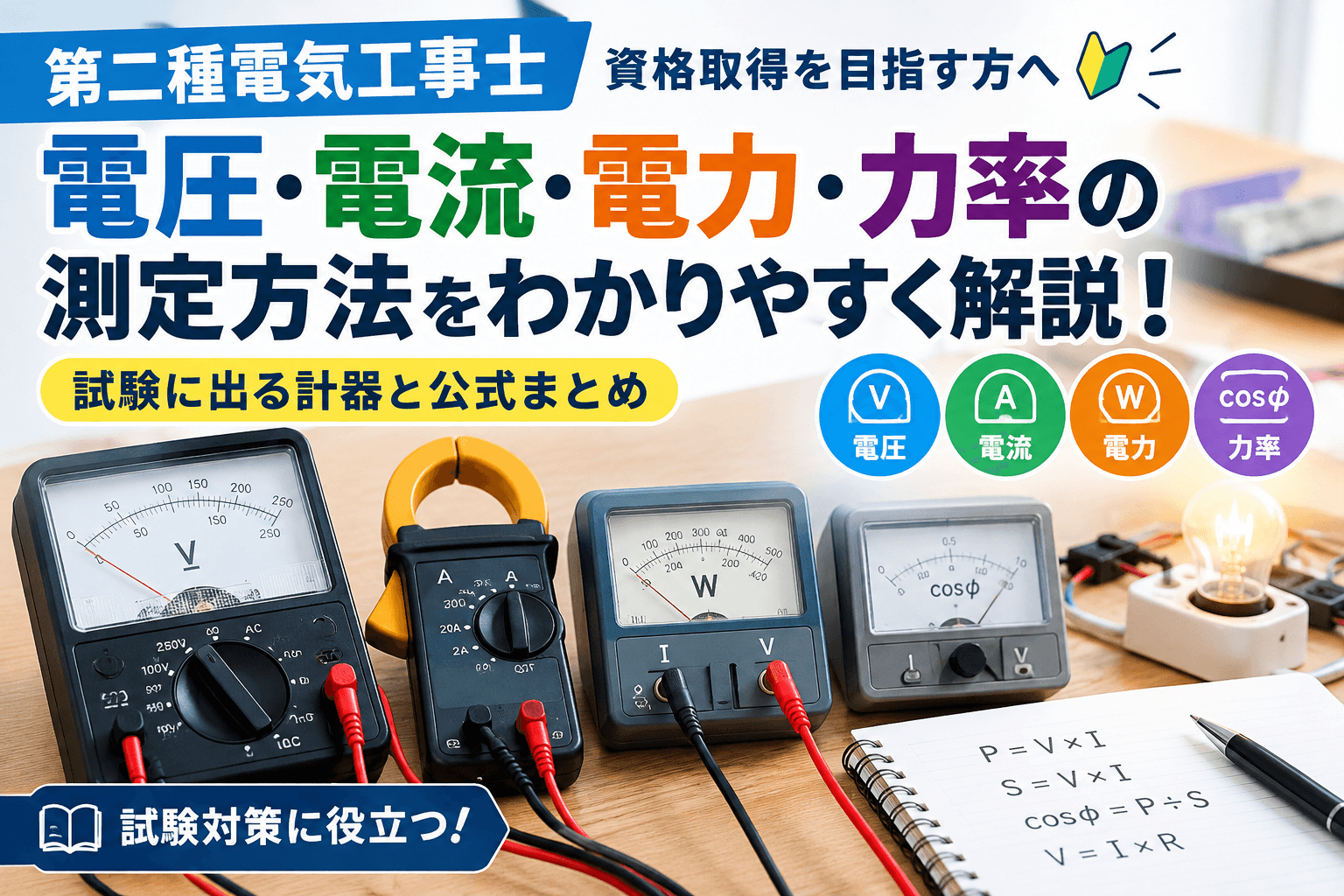 【第二種電気工事士】電圧・電流・電力・力率の測定方法をわかりやすく解説！試験に出る計器と公式まとめ