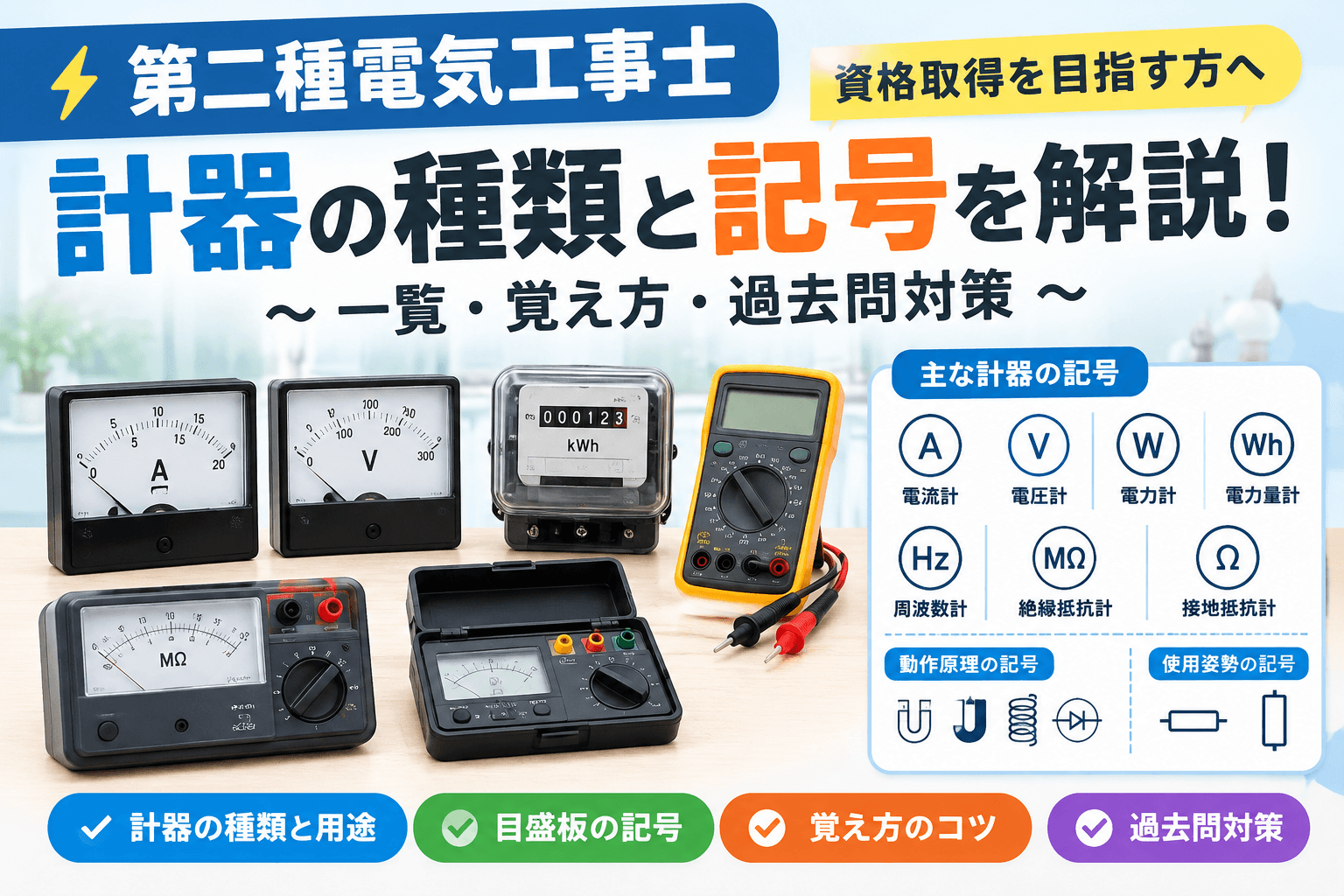 【第二種電気工事士】計器の種類と記号を一覧で解説！覚え方と過去問対策