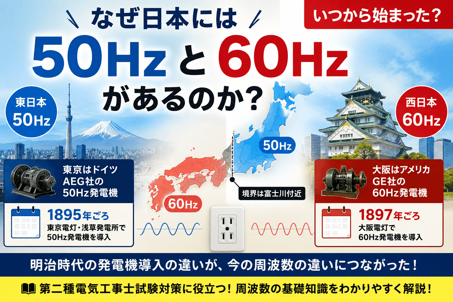 日本にはなぜ50Hzと60Hzがある？いつから始まった？｜第二種電気工事士試験対策