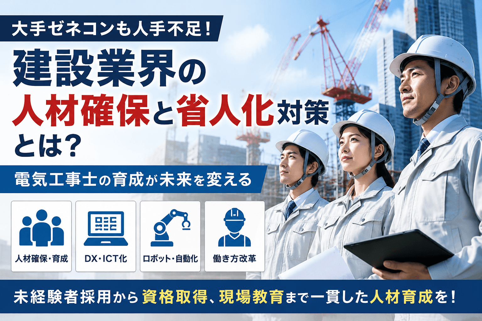 大手ゼネコンも人手不足！建設業界が進める人材確保と省人化対策とは？電気工事士の育成が未来を変える