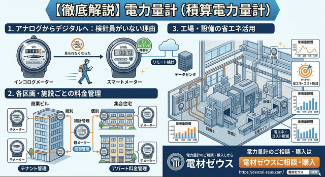 電力量計（積算電力量計）とは？アナログからデジタルへの変化、子メーター管理や産業用活用まで