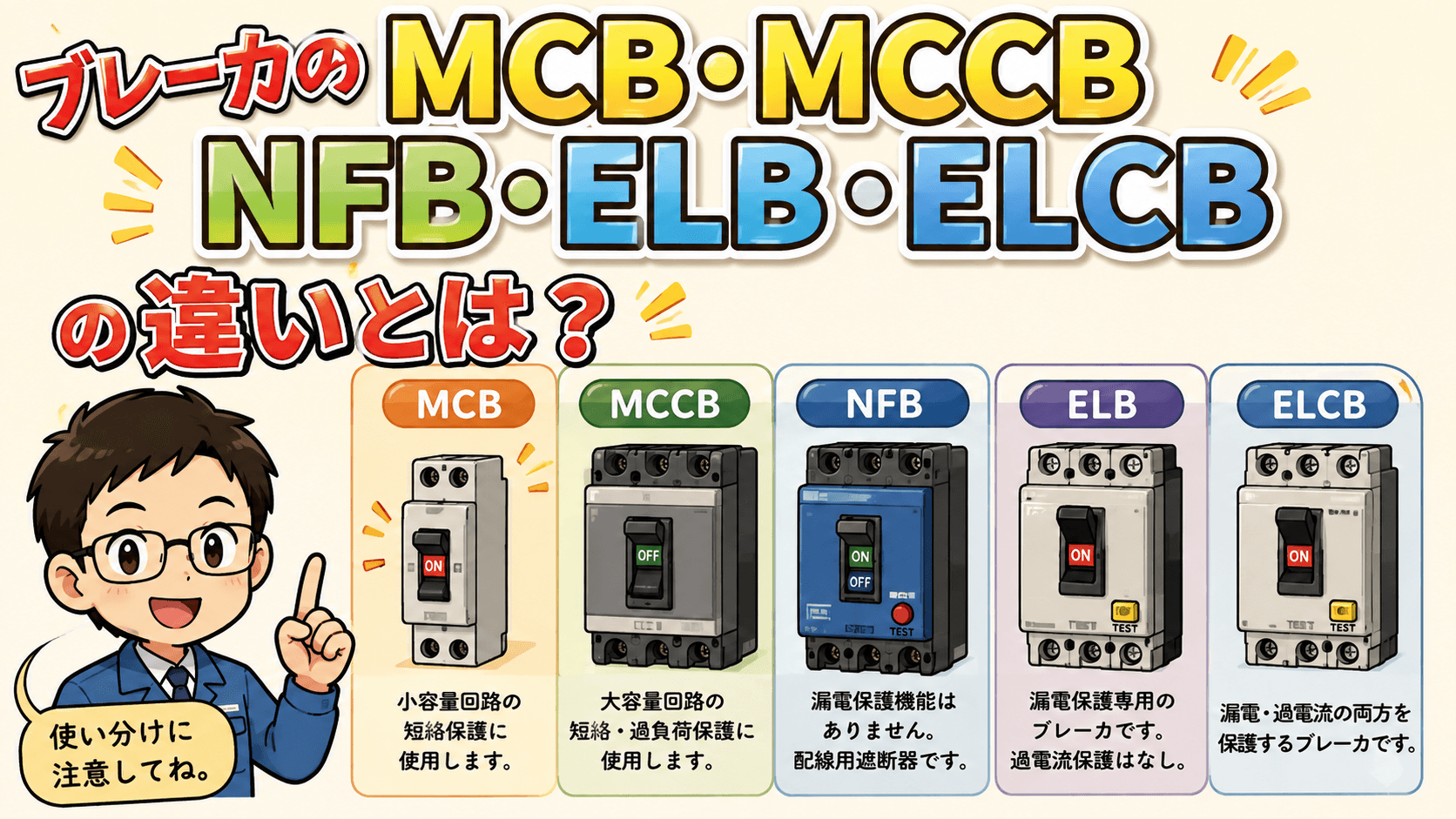 ELBとMCBの違いをわかりやすく解説｜漏電遮断器と配線用遮断器の役割・使い分け