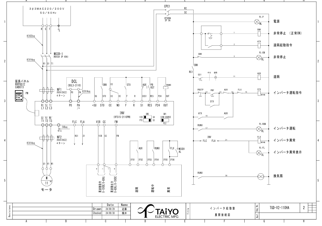 日東工業 TGD-V2-110HA インバーター起動盤、三相3線200V