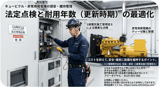 キュービクルと非常用発電機の法定点検・耐用年数完全ガイド｜更新コストを抑えて安全に運用するポイント