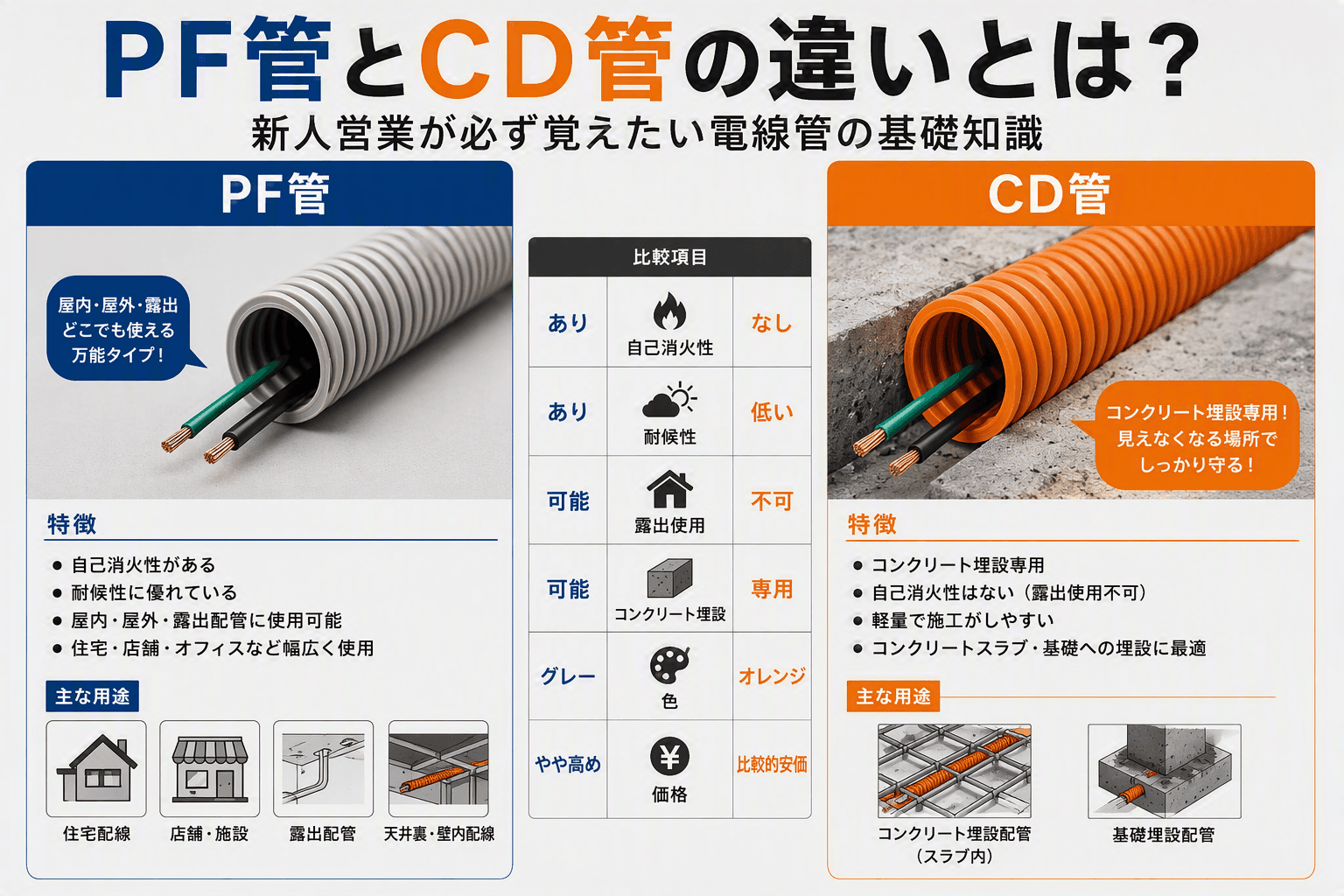 PF管とCD管の違いとは？ 新人営業が必ず覚えたい電線管の基礎知識