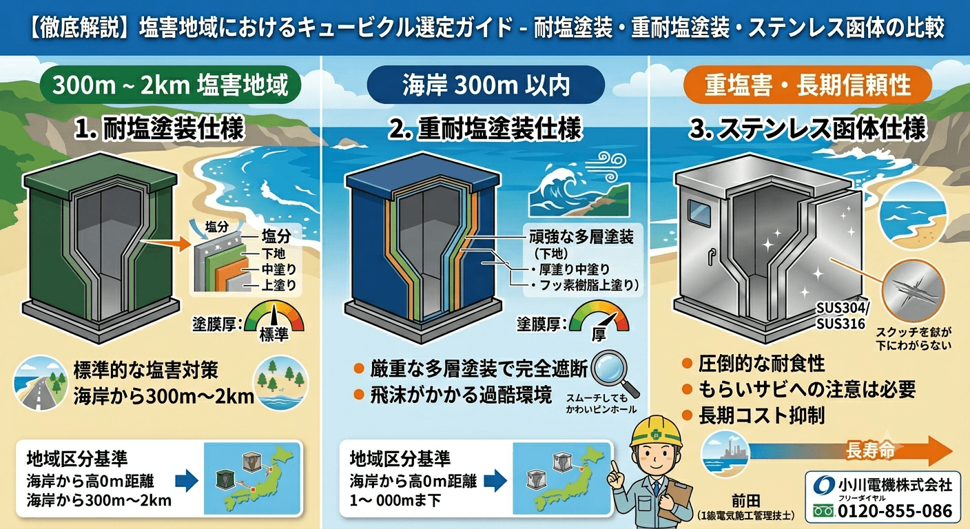塩害地域における耐塩塗装・ステンレス函体の基準とメーカー独自の対策