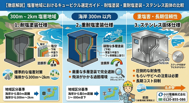 【徹底解説】塩害地域におけるキュービクル選定ガイド｜耐塩塗装・ステンレス函体の基準とメーカー独自の対策