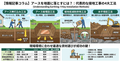 アースを地面に落とすにはどうすればいい？接地工事の4大工法（アース棒・アース板・接地低減剤・水平埋設）をわかりやすく解説！