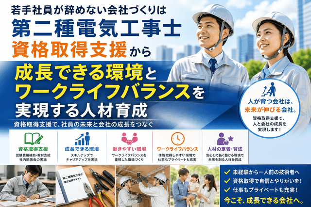 若手社員が辞めない会社づくりは「第二種電気工事士資格取得支援」から｜成長できる環境とワークライフバランスを実現する人材育成