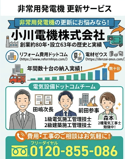 【非常用発電機の更新にお悩みの方へ】信頼と実績の小川電機株式会社におまかせください！