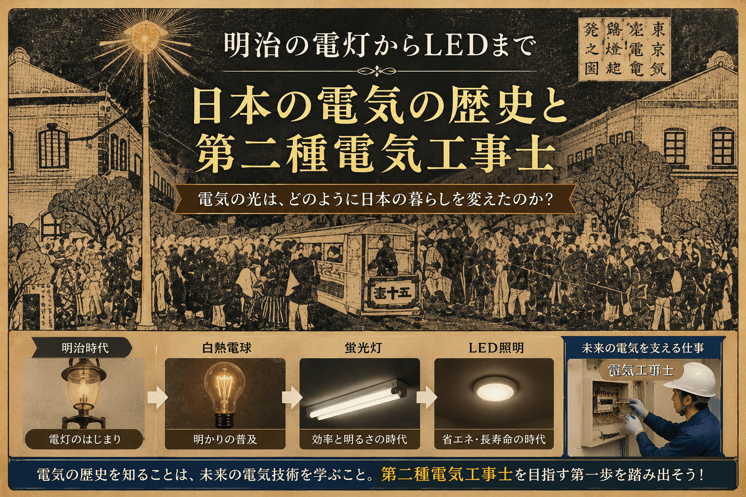 明治時代、日本人が初めて見た電灯から現在のLED照明まで|電気の歴史を知って第二種電気工事士を目指そう