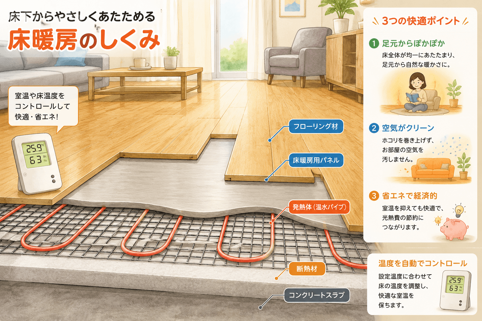 床暖房の仕組みと種類を徹底解説|電気式・温水式・ガス床暖房のメリットとデメリット