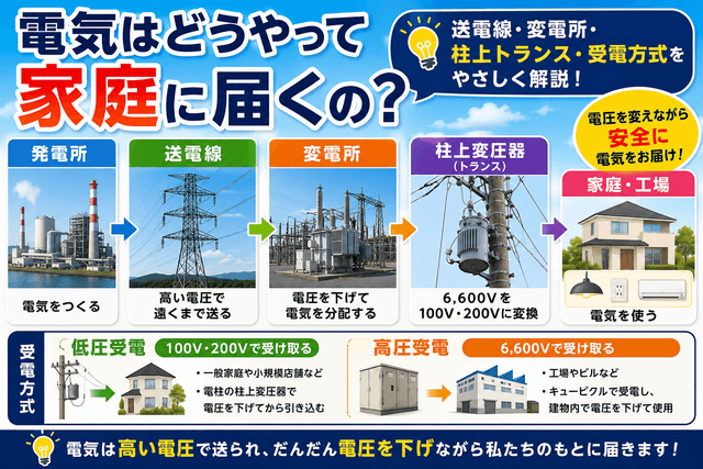 電気はどうやって家庭や建物に届く?送電線・変電所・柱上変圧器・受電方式を解説
