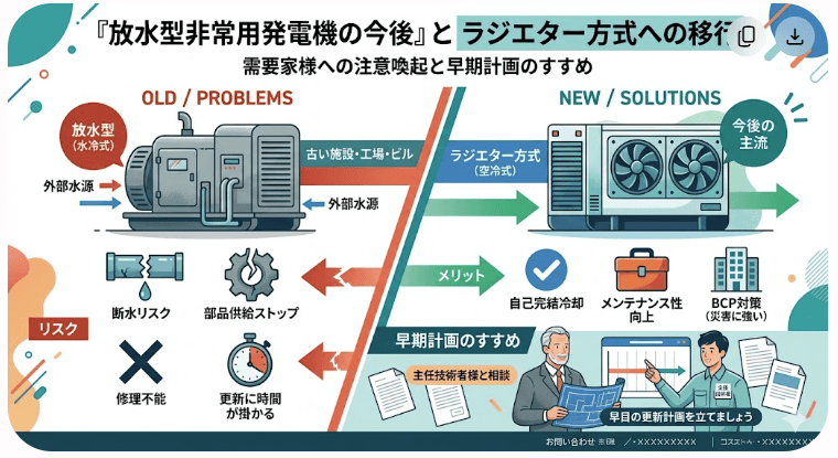 放水型非常用発電機をお使いの需要家様へ:部品供給停止リスクと「ラジエーター方式」への早期更新計画のすすめ