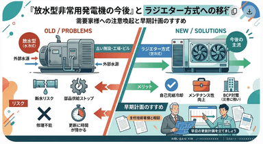 放水型非常用発電機をお使いの需要家様へ:部品供給停止リスクと「ラジエーター方式」への早期更新計画のすすめ