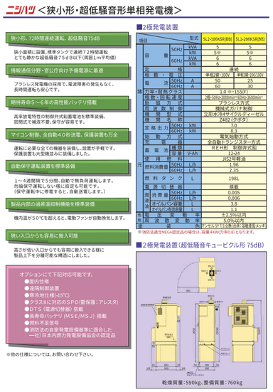 ニシハツ(株)の狭小型・超低騒音型・非常用発電機『SL2-106KSR(BB)』