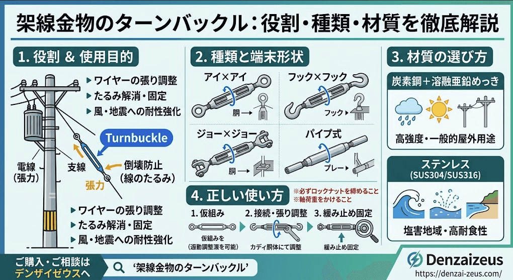 電気・通信工事を支える「架線金物のターンバックル」とは?役割・使い方・種類・材質を徹底解説