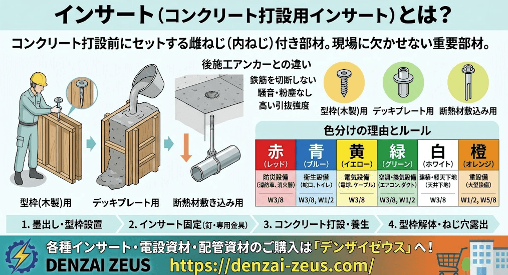 【現場必見】コンクリート打ち込み用インサートとは?種類・色分けの意味・用途別選び方
