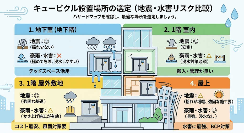 キュービクルの設置場所は地下・1F・屋上どこが良い?