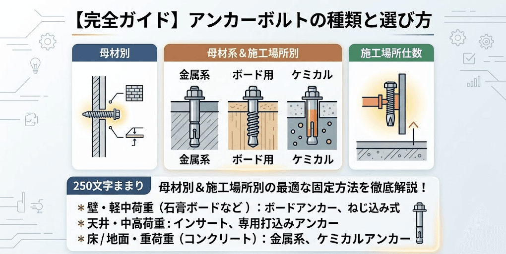 アンカーボルトの種類と選び方!壁・天井・床(地面)や母材別の最適な固定方法を徹底解説