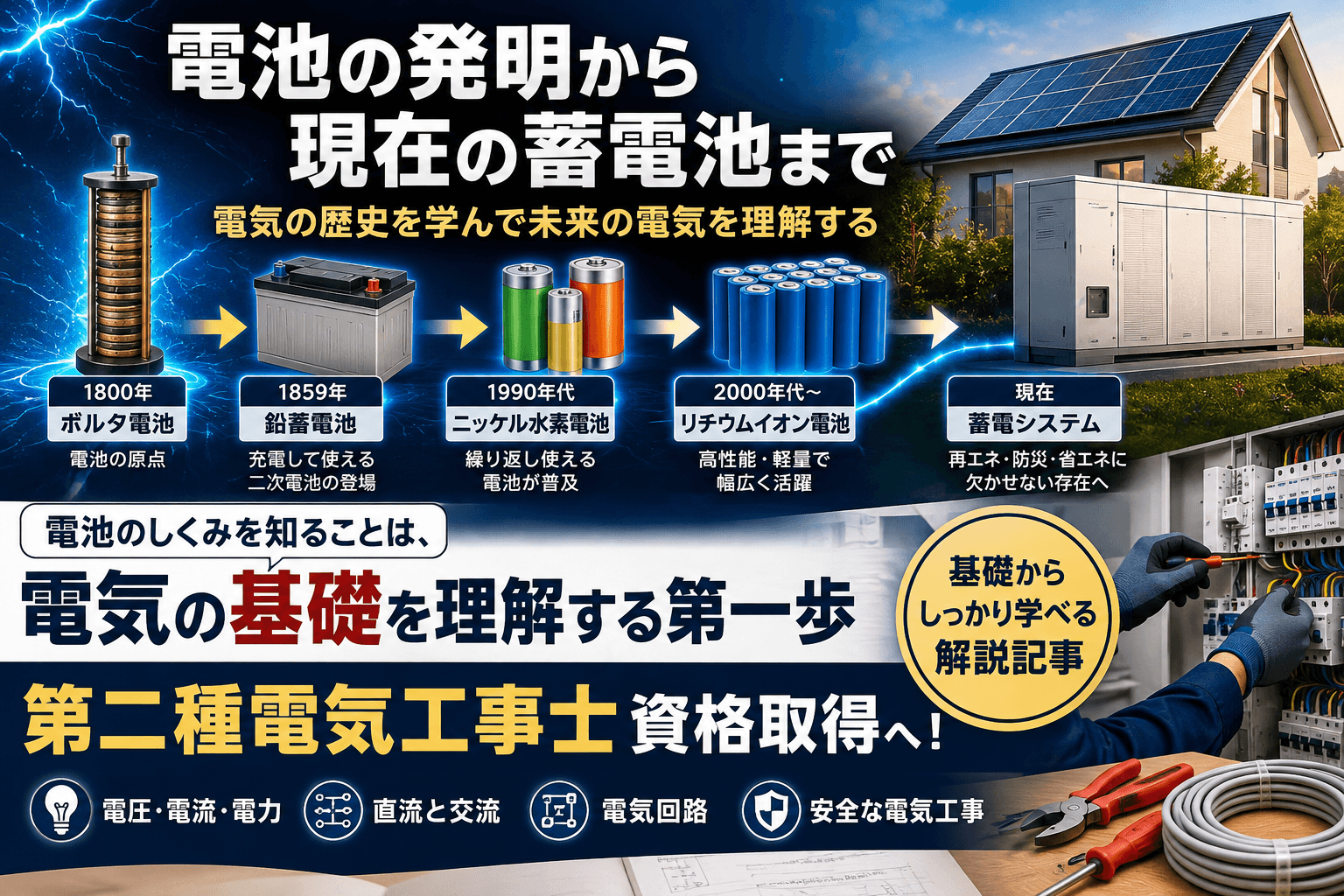 電池の発明から現在の蓄電池まで|電気の歴史を学んで第二種電気工事士資格取得へ