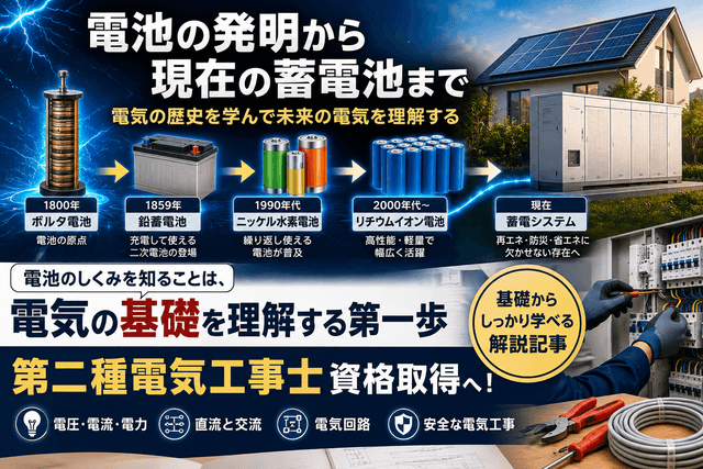 電池の発明から現在の蓄電池まで|電気の歴史を学んで第二種電気工事士資格取得へ